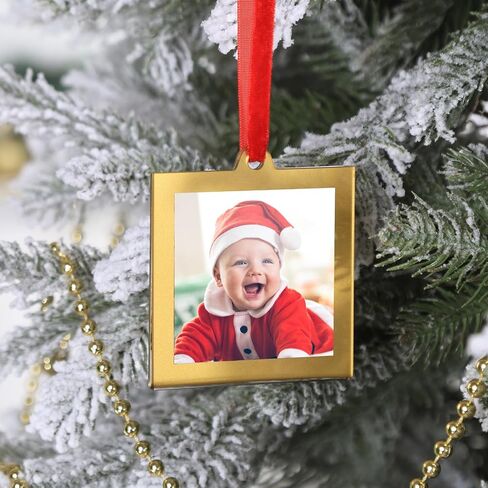 UNIQOOO 8 Pcs Christmas Acrylic Gold Photo Frame Ornaments for Display Picture, 2.5 x 2.5 inch Festive Hanging Decoration, Double-Sided Picture Frames for Holiday Season, Home, Party, Xmas Tree Decor in Kuwait