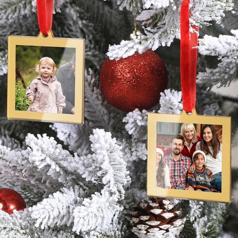 UNIQOOO 8 Pcs Christmas Acrylic Gold Photo Frame Ornaments for Display Picture, 2.5 x 2.5 inch Festive Hanging Decoration, Double-Sided Picture Frames for Holiday Season, Home, Party, Xmas Tree Decor in Kuwait