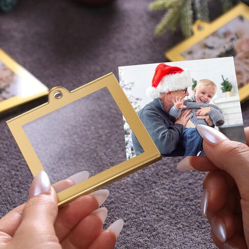 UNIQOOO 8 Pcs Christmas Acrylic Gold Photo Frame Ornaments for Display Picture, 2.5 x 2.5 inch Festive Hanging Decoration, Double-Sided Picture Frames for Holiday Season, Home, Party, Xmas Tree Decor in Kuwait