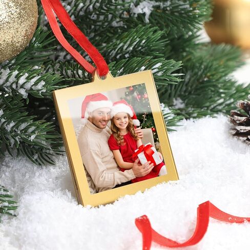 UNIQOOO 8 Pcs Christmas Acrylic Gold Photo Frame Ornaments for Display Picture, 2.5 x 2.5 inch Festive Hanging Decoration, Double-Sided Picture Frames for Holiday Season, Home, Party, Xmas Tree Decor in Kuwait