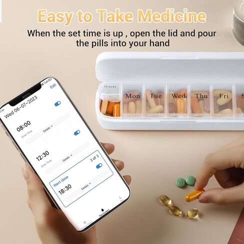 Daviky Smart Pill Organizer with Alarm, Bluetooth Daily Once a Day Pill Dispenser 7 Day with APP, Weekly Travel Pill Case, Portable Pill Reminder for Medicines, Supplements and Vitamins (White) in Kuwait