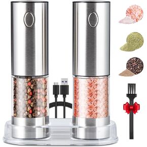 Electric Salt and Pepper Grinder Set(2 Pack), SDMXSE Rechargeable Stainless Steel Automatic Mills with Adjustable Coarseness, LED Light, Refillable Electric Salt Shakers for Kitchen, Silver