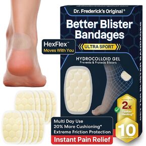 Dr. Frederick's Original Ultra Sport Better Blister Bandages for Feet - 10ct - Heel HexFlex Hydrocolloid Bandages - Ultimate Blister Prevention & Recovery - Waterproof - for Sports & Travel