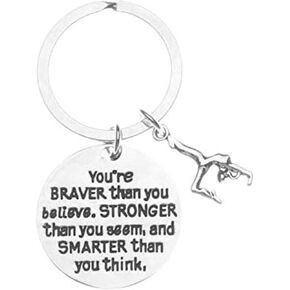 Gymnastics Charm Keychain, Inspirational You’re Braver Than You Believe, Stronger Than You Seem & Smarter You Think Jewelry for Gymnasts, Teams and Coaches