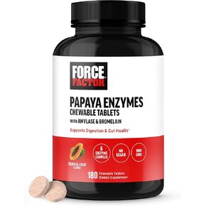 FORCE FACTOR Papaya Enzymes Complex, Digestion Supplement and Bloating Relief with Amylase and Bromelain, Support Healthy Digestion, Sugar Free, Non-GMO, Tropical Fruit Flavor, 180 Chewable Tablets