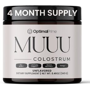 Optimal Prime - MUUU Bovine Colostrum Supplement and Superfood Powder for Gut Health, Bloating, Immune Support, Hair, Skin, and Nails Unflavored, 120 Servings