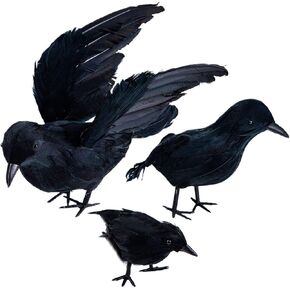 3-Pack Halloween Black Feathered Crow Realistic Handmade Crow Prop for Halloween Party Outdoors and Indoors Decoration