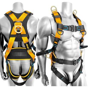 Fall Protection Full-Body Safety Harness, Vented & Padded Shoulder, Legs & Back, 6" Thick Back Support Belt,5 Heavy Duty D-rings, Tongue Buckle, Quick Release (OSHA/ANSI)