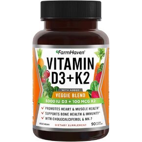 FarmHaven Vitamin D3 K2 Capsules - 5000 IU D3 and 100 mcg K2 - Cholecalciferol MK7 with Veggie Fruit Blend - Vitamin D K2 Supplement for Immune System & Heart Health - Vegetarian, Non-GMO, 90 Caps