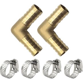 Brass Hose Barb Fitting 90 Degree Elbow 3/4" Barbed x 3/4" Barbed 90-Deg Right Angle 2pcs with 4pcs Hose Clamps