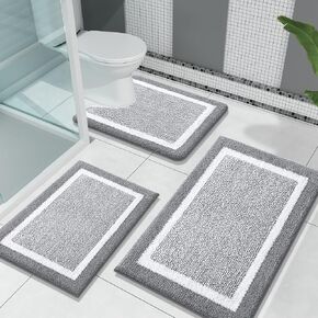 OLANLY Bathroom Rugs Sets 3 Piece, Soft Absorbent Microfiber Bath Rugs and U-Shaped Contour Toilet Rug Bath Rug Set, Home Decor Accessories, Non-Slip Bath Carpet, Bath Mat Set for Bathroom, Grey