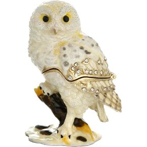 Hand Painted Enamel Barn Owl Trinket Box, Hinged Unique Mini Ring Necklace Jewelry Organizer, Classical Bejeweled Storage, Figurine Collectible Keepsake Home Decor (Barn Owl)
