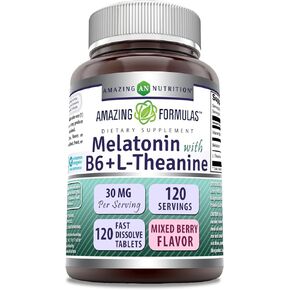 Amazing Formulas Melatonin with Vitamin B6 + L-Theanine Supplement | 30 Mg Per Serving | Mixed Berry Flavor | 120 Tablets | Non-GMO | Gluten Free | Made in USA