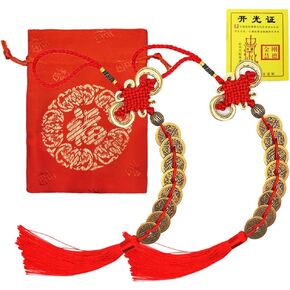 2 Pcs(8 Coins) Chinese Feng Shui Lucky Coins Brass Money Coins with Red Enless Knot Decoration for Longevity Travel Safely Wealth Success Luck Chinese New Year Emperor Money Home Office Decorations