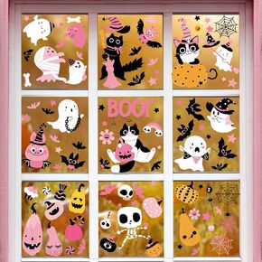 AUGSUN 9 Sheets Halloween Window Clings, Pink Halloween Decor Pumpkin Ghost Bat Window Decals Double-Sided Window Stickers for Halloween Room Classroom Office Decor Party Supplies