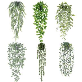cewor 6pcs النباتات الاصطناعية المعلقة وهمية نبات معلق فو بوعاء الخضرة كرمة الأوكالبتوس، أوراق الخيزران، بوثوس، سلسلة من اللؤلؤ، القرون البازلاء للمنزل جدار الجرف ديكور داخلي، رمادي أخضر in Kuwait