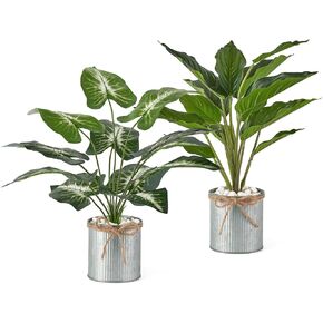 Mkono Fake Plants in Farmhouse Galvanized Pots 2 Pack Potted Artificial Plants for Home Decor Indoor Faux Green Leaf Plant for Desk Shelf Office Room Rustic Home Decoration