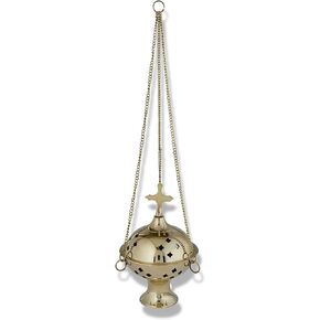 Brass Hanging Censer Incense Burner with Cross, Catholic Decor for Home or Church, 12 Inch Chain