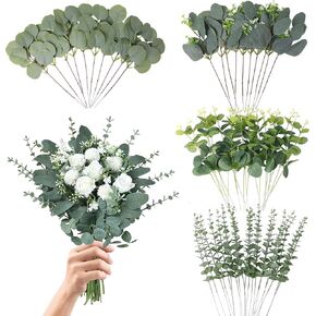 Eucalyptus Leaves Stems 60 PCS, 4 Kinds Mixed Artificial Greenery Stems for Wedding Decor Vase Floral Arrangement Centerpiece