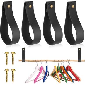 TIESOME Leather Hook Lanyard, 4Pcs Wall Hanging Straps Hanger Towel Hook Curtain Rod Holder for Bathroom Kitchen Bedroom Boho Style Decor(Black)