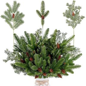 Sggvecsy 34 Pcs Artificial Pine Branches Faux Pine Needles with Pine Cones 19’’ Long Greenery Pine Picks Christmas Twigs Stems for DIY Garland Wreath Xmas Embellishing Home Garden Decoration