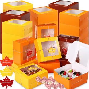 Resholder 48 Pcs Fall Treat Boxes with Window 6.3x6.3x3 Inch Thanksgiving Cookie Boxes Fall Gift Box Autumn Thanksgiving Bakery Boxes Candy Cardboard Box with Maple Leaf Cards Ropes for Party Favor