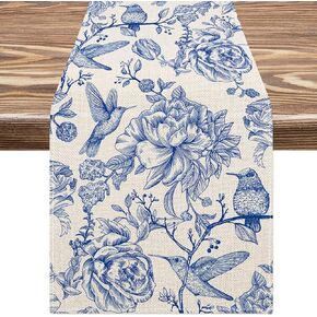 AnyDesign Blue and White Table Runner Retro Monochrome Sketch Birds Flower Table Cover Retro Floral Kitchen Dining Table Decoration for Indoor Outdoor Home Party Restaurant Supplies, 13 x 72 Inch