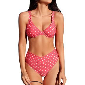CUPSHE Women's Bikini Sets High Waisted Two Piece Swimsuit Underwire V Neck Back Self Tie V Cut Bottom