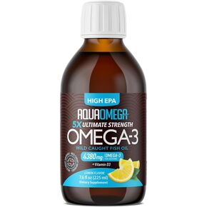5X Ultimate Strength High EPA Omega-3 Liquid with DHA and Vitamin D - Wild Caught Omega 3 Fish Oil Supplements - 4380mg Omega 3 Fish Oil Burpless Formula - 7.60 Fl Oz Lemon