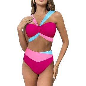 Women Bandeau High Waisted Bikini Cross Front Swimsuit Color Block Bathing Suit