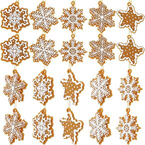 20 Pcs Christmas Gingerbread Snowflake Ornaments Mini Tree Hanging Decorations Silicone Christmas Ornaments Xmas Gingerbread Ornaments with Ropes for Christmas Tree Winter Crafts