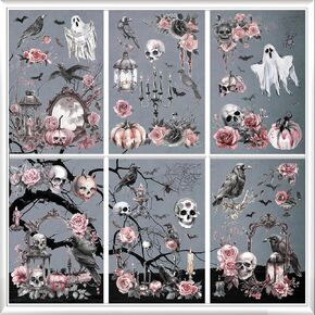 Kreatwow Halloween Gothic Window Decoration 6pcs Halloween Window Stickers Gothic Home Cling Decor Halloween Window Decal Double-Printed Halloween Raven Flower Candle Skull Decal for Home Party