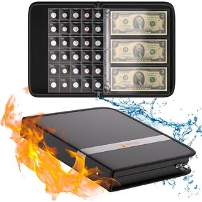 Fireproof Coin Collection Book Holder for Collectors, 300 Pockets Coin Collection Supplies, Waterproof Coin Collector Gift Ideas, Coin Album for 20/25/ 27/30/ 38mm Coins Black