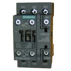 Siemens 3RT2026-1AC20 25 AMP, 3 Pole contactor with a 24 Volt AC Coil and 1 N.O./1 N.C. Base Contact