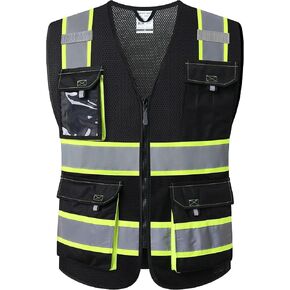 JKSafety Hi Vis Reflective Safety Vests for Men Women High Visibility Vest with Pockets Mesh Fabric Construction Safety Apparel Neon Vest for Work (220-Black L)