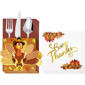 50 PCS Napkins + 20 PCS Utensil Holders, Gold Foil Table Decorations for Fall Party Friendsgiving