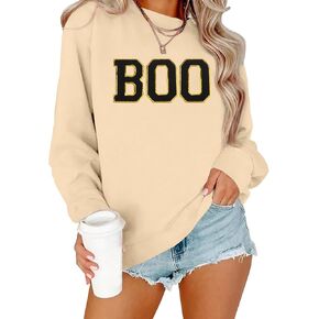 Halloween Sweatshirt for Women Cute BOO Graphic Shirt Crewneck Embroidered Ghost Pullover Sweater Tops