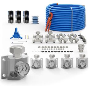 Compressed Air Piping System with 3/4 Inch ID x 200 feet 5-Way Multi-Outlet Aluminum Manifolds with Indivdual Pressure Gauge HDPE Tubing Shop Air Line Kit, Air Compressor Line Kit | 200 PSI | F9120G