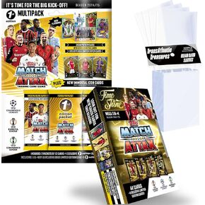 بطاقات Topps Match Attax لكرة القدم، الإصدار الأول، حزمة متعددة + علبة ميجا عشوائية + 100 حافظة حماية للبطاقات، 75 بطاقة - الإصدار الأول العشوائي من البطاقة الذهبية المحدودة + 4 بطاقات حصرية ذات إصدار محدود in Kuwait