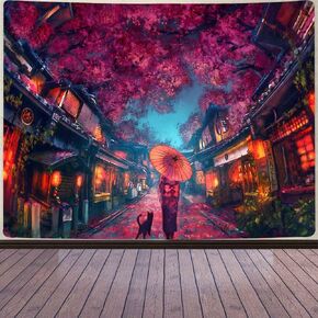 Aidatain Japanese Anime Tapestry Ancient Japanese Night Street Landscape Tapestry, Cherry Blossom Lantern Tapestry Large 80"X 60"Flannel Art Tapestries, For Living Room Bedroom Dorm GTDWAT164
