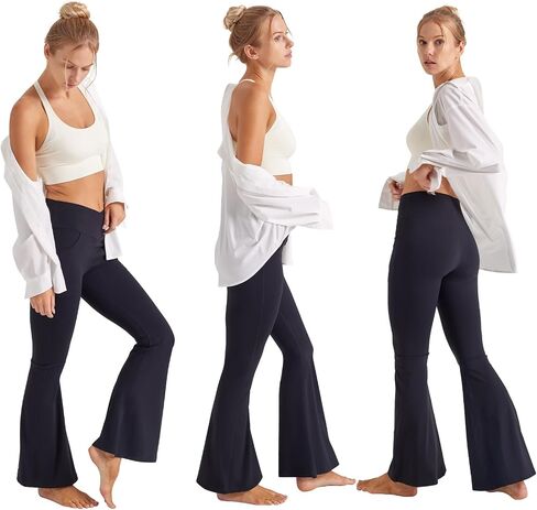 Women's Yoga Pants Flared Leggings V Crossover High Waisted Super Bootcut Pockets Workout Gym Black in Saudi Arabia