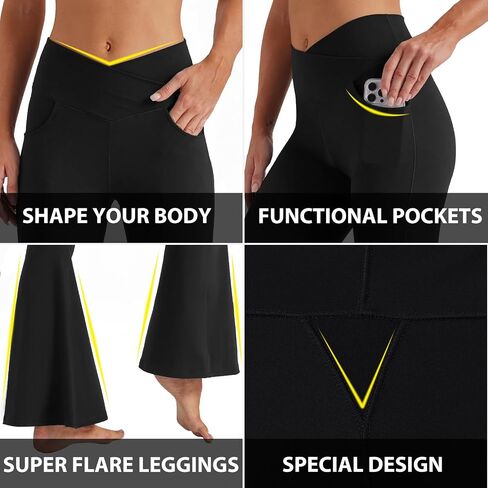 Women's Yoga Pants Flared Leggings V Crossover High Waisted Super Bootcut Pockets Workout Gym Black in Saudi Arabia