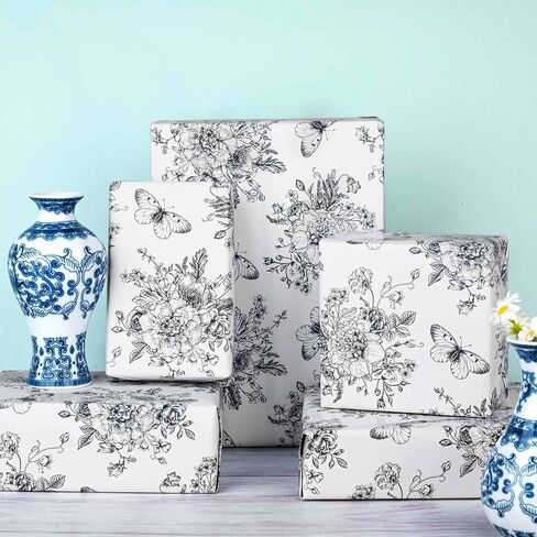 12 Sheets 28 * 20 Inches Blue Floral Wrapping Paper Blue White Vintage Flowers Butterfly Printed Gift Wrap Paper Chinoiserie Art Paper for Birthday Wedding Bridal Shower Tea Party DIY Craft in Saudi Arabia