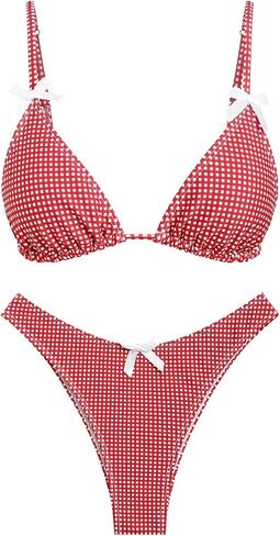 Women's Bikini Sets Tie Back Bowknot Two Piece Swimsuits Triangle Thong Bathing Suit Gingham Floral Cherry Printing in Saudi Arabia