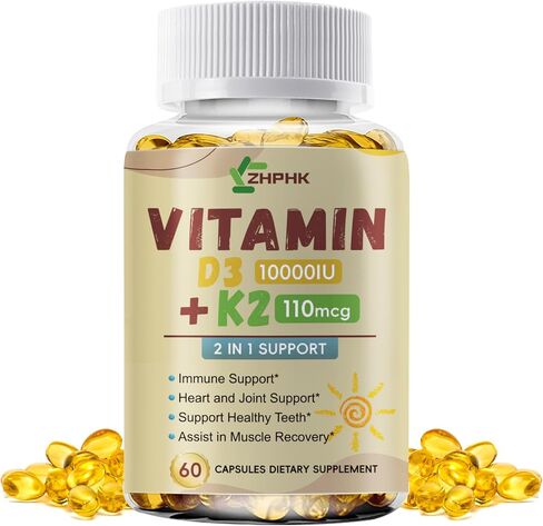 D3 K2 Vitamin 10,000 IU, K2 Vitamin with D3 Supplement High Potency Non-GMO Formula, Immune Supports, Bone & Heart Health Microingredients Vitamin D3 K2 Complex (MK-4 & MK-7), 60 Softgels in Saudi Arabia