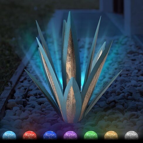 21.65Inches Metal Agave Plants Outdoor Decor - Solar Light Yard Decorations, Rustic Tequila Patio Sculpture Perfect for Outdoor Yard Lawn and Garden Art, Large Metal Cactus Yard Decor(Royal Blue) in Saudi Arabia