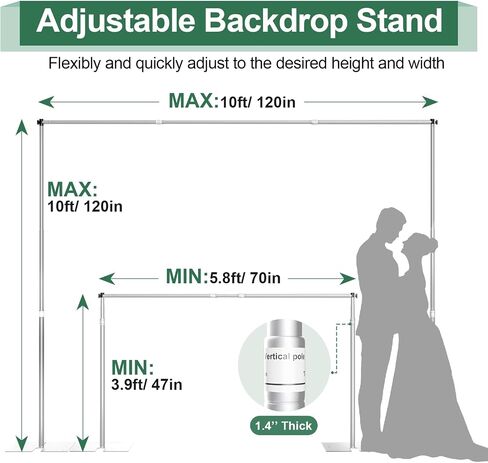 Pipe and Drape Backdrop Stand Kit 10x10ft, Heavy Duty Backdrop Stand, Adjustable Metal Background Stand Backdrop for Parties Wedding Birthday Decoration Photography Photo Booth in Kuwait