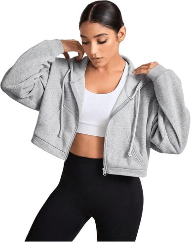 Women's Long Sleeve Full Zip Hoodie Drawstring Hooded Neck Sweatshirts Workout Crop Hoodie Pullovers in Saudi Arabia