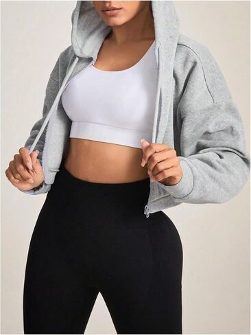 Women's Long Sleeve Full Zip Hoodie Drawstring Hooded Neck Sweatshirts Workout Crop Hoodie Pullovers in Saudi Arabia