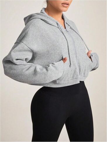 Women's Long Sleeve Full Zip Hoodie Drawstring Hooded Neck Sweatshirts Workout Crop Hoodie Pullovers in Saudi Arabia